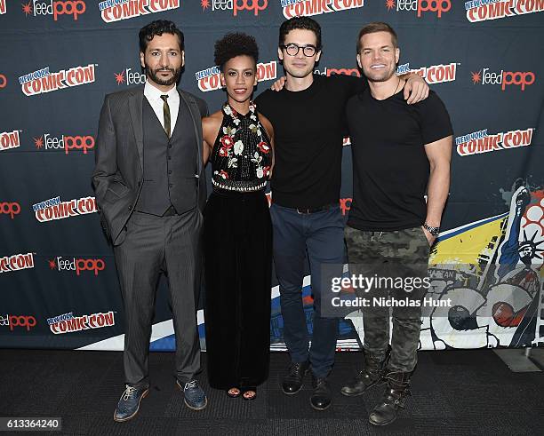 Cas Anvar, Dominique Tipper, Steven Strait, and Wes Chatham attend The Expanese photo op during the 2016 New York Comic Con on October 8, 2016 in New...