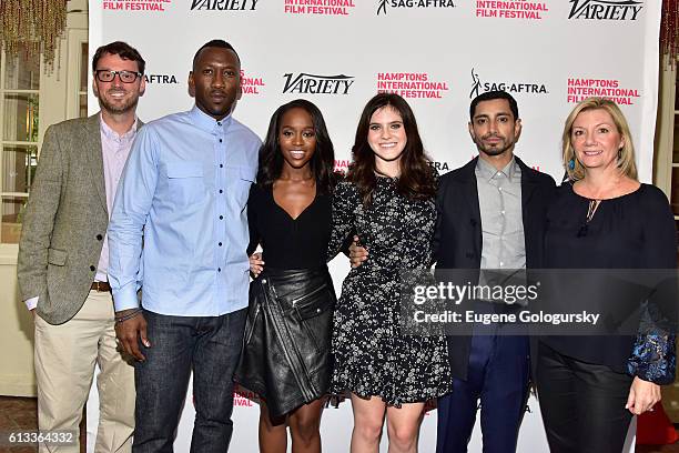 S David Nugent and Anne Chaisson pose with actors Mahershala Ali, Aja Naomi King, Kara Hayward and Riz Ahmed at Variety's 10 To Watch Brunch and...