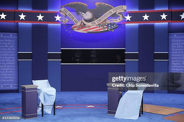 Blue paper covers the chairs that Republican presidential nominee Donald Trump and Democratic presidential nominee Hillary Clinton will use during...