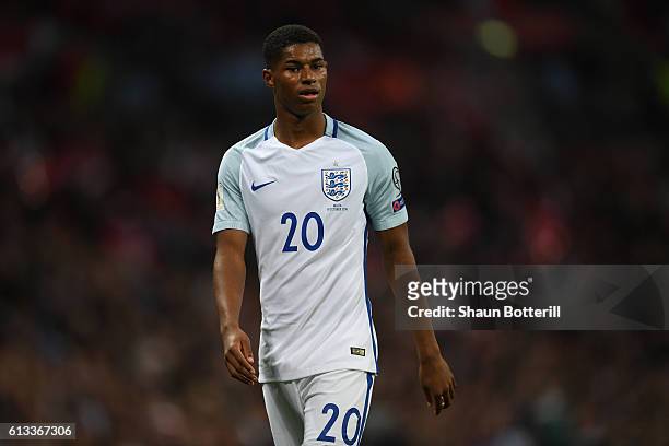 Marcus Rashford of England looks on during the FIFA 2018 World Cup Qualifier Group F match between England and Malta at Wembley Stadium on October 8,...