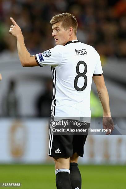 Toni Kroos of Germany reacts during the 2018 FIFA World Cup Qualifier match between Germany and Czech Republic at Volksparkstadion on October 8, 2016...