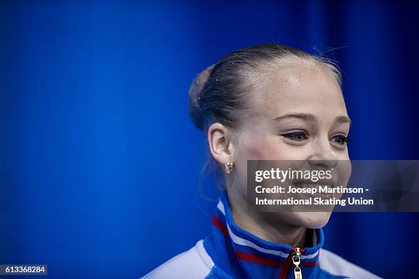 Anastasiia Gubanova of Russia reacts at the kiss and cry after competing in the Junior Ladies Free Skating on day three of the ISU Junior Grand Prix...