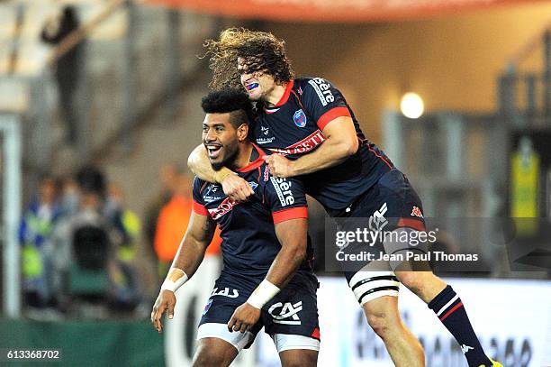 Maritino Nemani of Grenoble celebrates scoring his try during the Top 14 rugby match between Fc Grenoble and Aviron Bayonnais Bayonne on October 8,...