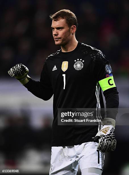 Manuel Neuer of Germany reacts during the 2018 FIFA World Cup Qualifier match between Germany and Czech Republic at Volksparkstadion on October 8,...