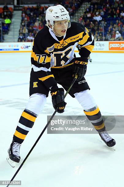Eemeli Rasanen of the Kingston Frontenacs skates with the puck during an OHL game against the Niagara IceDogs at the Meridian Centre on September 30,...