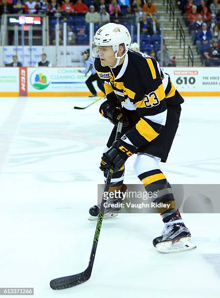 Tyler Burnie of the Kingston Frontenacs skates during an OHL game against the Niagara IceDogs at the Meridian Centre on September 30, 2016 in St...