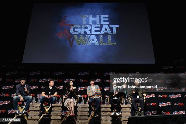 Matt Damon, Jing Tian, Pedro Pascal, Wang Junkai and Director Zhang Yimou attend The Great Wall panel during the 2016 New York Comic Con - day 3 on...