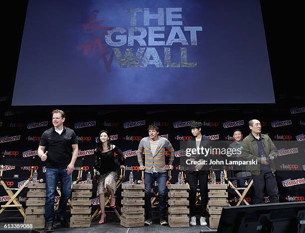 Matt Damon, Jing Tian, Pedro Pascal, Wang Junkai and Director Zhang Yimou attend The Great Wall panel during the 2016 New York Comic Con - day 3 on...