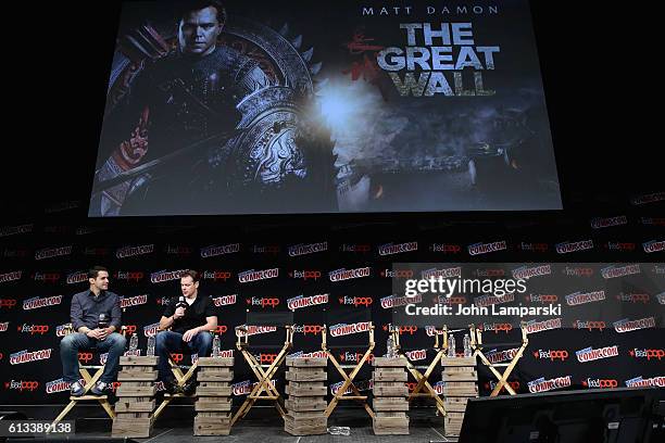 Matt Damon, Jing Tian, Pedro Pascal, Wang Junkai and Director Zhang Yimou attend The Great Wall panel during the 2016 New York Comic Con - day 3 on...