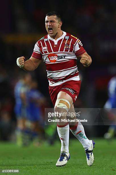 Ben Flower of Wigan runs to his supporters as he celebrates his sides 12-6 victory at the final whistle during the First Utility Super League Final...
