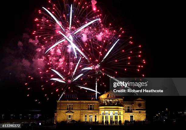 Fireworks display is seen over the R&A clubhouse to celebrate the Alfred Dunhill Links Championship at The Old Course on October 8, 2016 in St...