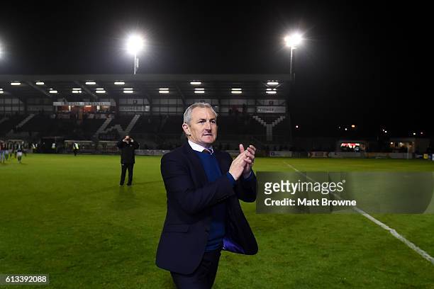 Galway , Ireland - 8 October 2016; Cork City manager John Caulfield acknowlages supporters after the SSE Airtricity League Premier Division match...
