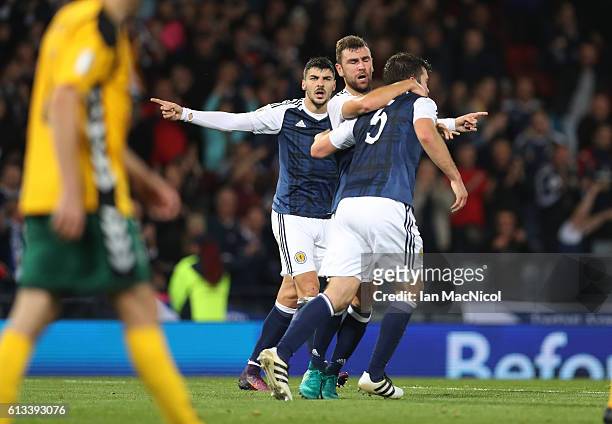 James McArthur of Scotland celebrates after he scores during the FIFA 2018 World Cup Qualifier between Scotland and Lithuania at Hampden Park on...