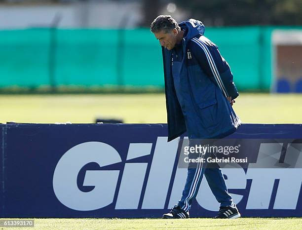 Edgardo Bauza coach of Argentina looks on during a training session at Argentine Football Association 'Julio Humberto Grondona' training camp on...