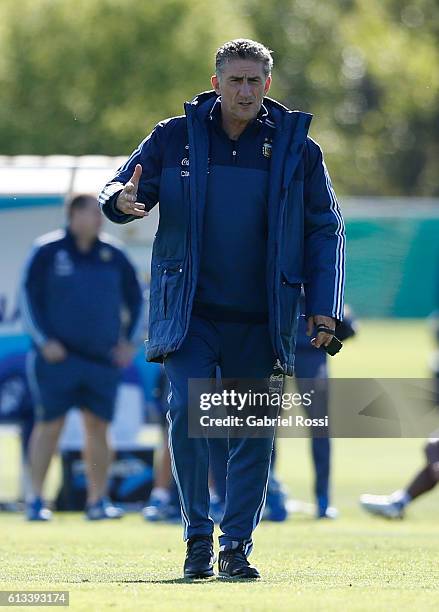 Edgardo Bauza coach of Argentina looks on during a training session at Argentine Football Association 'Julio Humberto Grondona' training camp on...