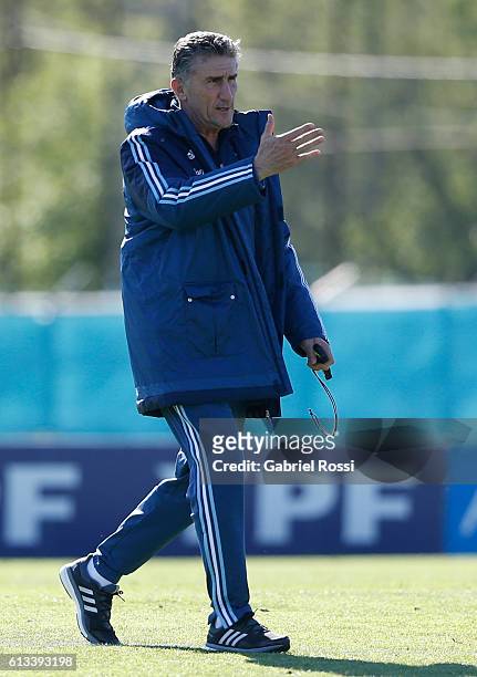 Edgardo Bauza coach of Argentina gestures during a training session at Argentine Football Association 'Julio Humberto Grondona' training camp on...