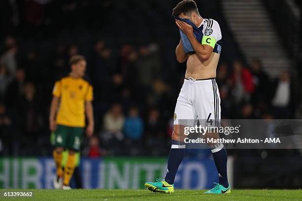 Dejected Russell Martin of Scotland after the 1-1 draw during the FIFA 2018 World Cup Qualifier between Scotland and Lithuania at Hampden Park on...