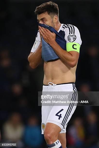 Dejected Russell Martin of Scotland after the 1-1 draw during the FIFA 2018 World Cup Qualifier between Scotland and Lithuania at Hampden Park on...