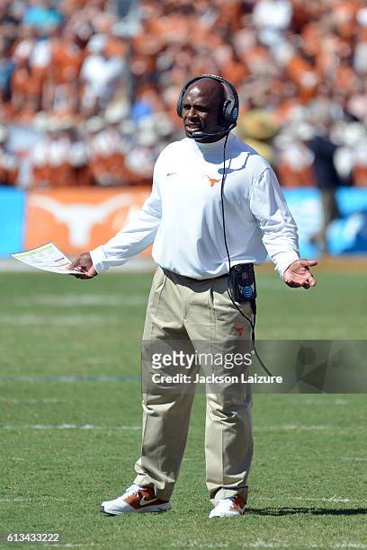 Head coach Charlie Strong of the Texas Longhorns reacts after his defense surrendered a touchdown during their loss to the Oklahoma Sooners on...