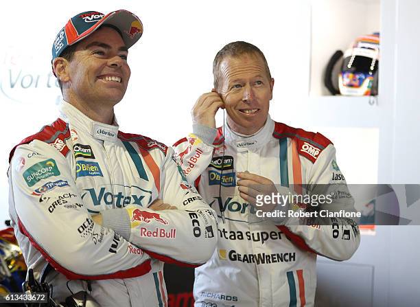 Craig Lowndes and Steven Richards, drivers for the Team Vortex Holden prepare for the warm up session for the Bathurst 1000, which is race 21 of the...