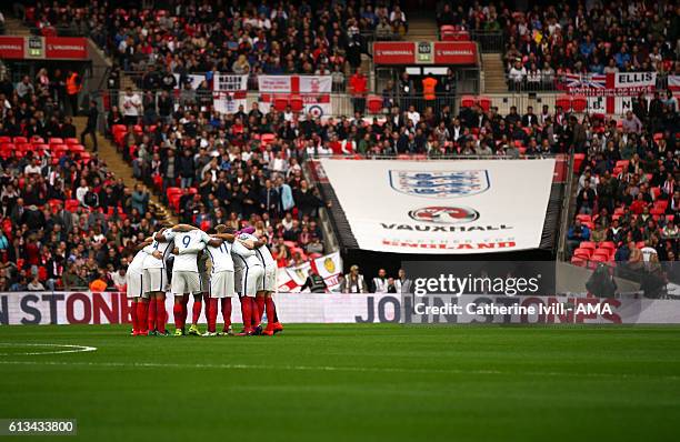 The England team huddle before the FIFA 2018 World Cup Qualifier between England and Malta at Wembley Stadium on October 8, 2016 in London, England.