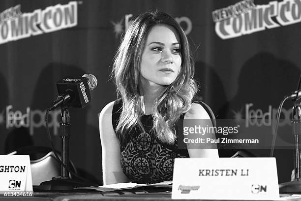 Voice actor Amanda Leighton speaks during the Cartoon Network: 'The Powerpuff Girls" panel at New York Comic Con on October 8, 2016 in New York City.