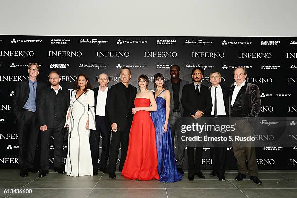 David Koepp, Ben Foster, Sidse Babett Knudsen, Ron Howard, Tom Hanks, Felicity Jones, Ana Ularu, Omar Sy, Irrfan Khan, Dan Brown and Hans Zimmer walk...