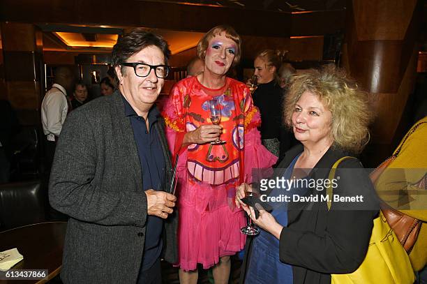 Mark Wallinger, Grayson Perry and Marlene Dumas attend the Frieze Magazine 25th anniversary dinner at Brasserie Zedel on October 7, 2016 in London,...