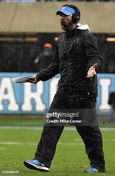Head coach Larry Fedora of the UNC Tar Heels looks on during their game against the Virginia Tech Hokies at Kenan Stadium on October 8, 2016 in...