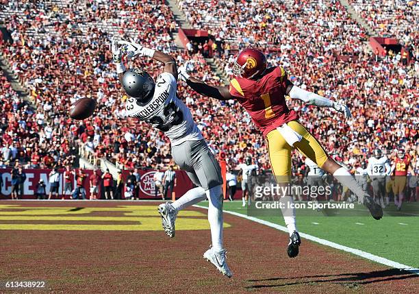 Darreus Rogers misses a pass against Colorado Ahkello Witherspoon during an NCAA football game between the Colorado Buffaloes and the USC Trojans on...