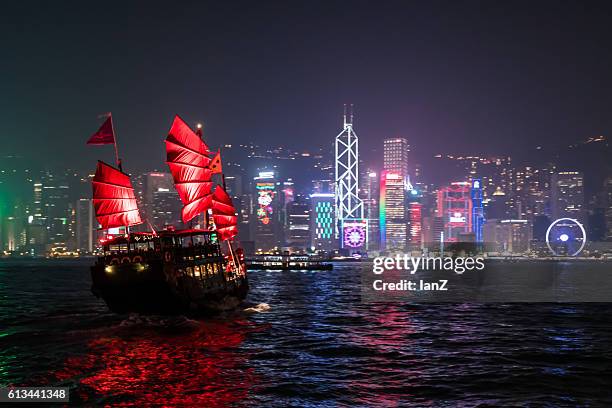 junk boat in victoria harbour at night,hong kong - junk ship stock pictures, royalty-free photos & images