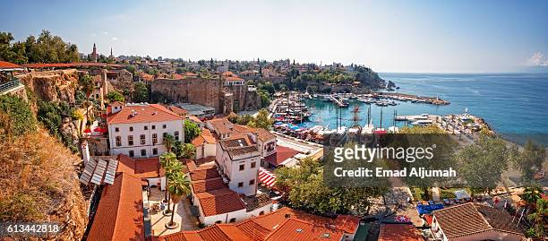 panoramic view the old harbor in the old town (kaleici) of antalya, turkey - antalya stock pictures, royalty-free photos & images