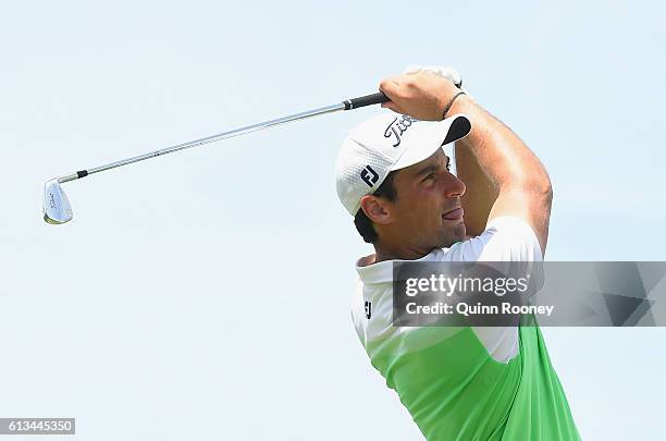 Anthony Houston of Australia plays an approach shot during day four of the 2016 Fiji International at Natadola Bay Golf Course on October 9, 2016 in...