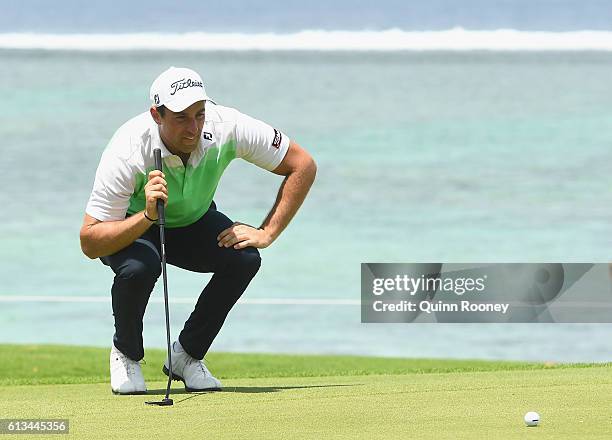 Anthony Houston of Australia lines up a puttduring day four of the 2016 Fiji International at Natadola Bay Golf Course on October 9, 2016 in...