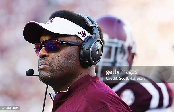 Head coach Kevin Sumlin of the Texas A&M Aggies waits on the sideline in the second half of their game against the Tennessee Volunteers at Kyle Field...