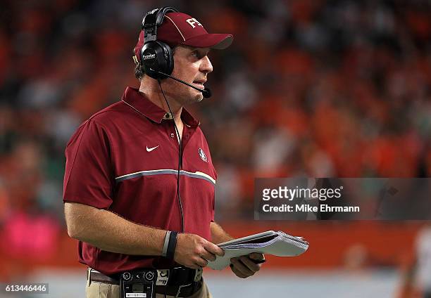 Head coach Jimbo Fisher of the Florida State Seminoles looks on during a game against the Miami Hurricanes at Hard Rock Stadium on October 8, 2016 in...