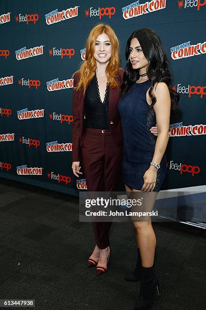 Katherine McNamara and Emeraude Toubia attend Shadowhunters press conference during the 2016 New York Comic Con - day 3 on October 8, 2016 in New...