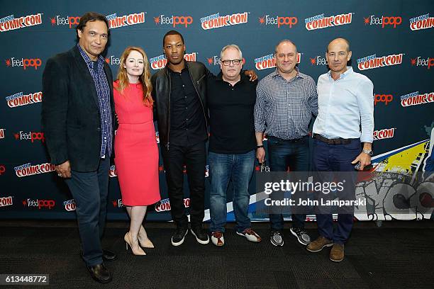 Jimmy Smits, Miranda Otto, Corey Hawkins, Manny Coto, Kevin Katz and Howard Gordon attend "24 Legacy" press conference during the 2016 New York Comic...