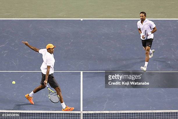Raven Klaasen of South Africa and Rajeev Ram of United States in action during the men's doubles final match against Marcel Granollers of Spain and...