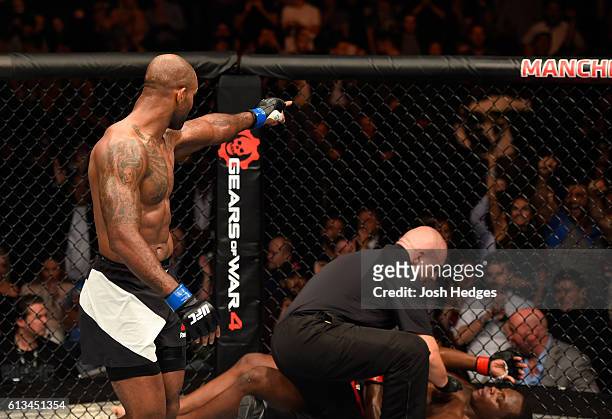 Jimi Manuwa of England celebrates his knockout victory over Ovince Saint Preux in their light heavyweight bout during the UFC 204 Fight Night at the...