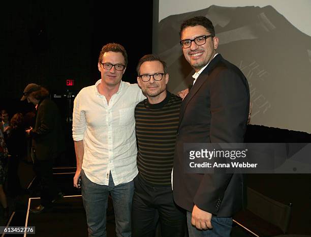Author Patrick Radden Keefe, actor Christian Slater, and screenwriter Sam Esmail pose onstage during The New Yorker Festival 2016 at MasterCard Stage...