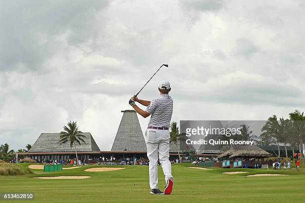 Brandt Snedeker of the USA plays his approach shot to the 18th during day four of the 2016 Fiji International at Natadola Bay Golf Course on October...