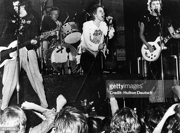 Johnny Rotten sings for The Sex Pistols, a widely known punk band, circa 1975.