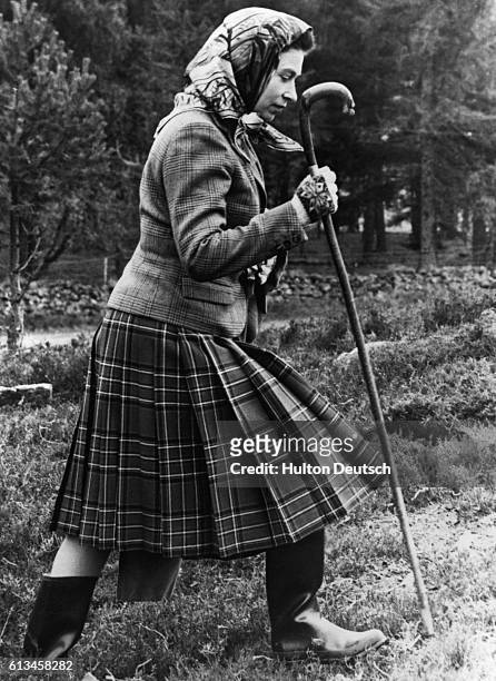 The Queen walking at Balmoral whilst attending Gun Dog Trials, 1967.