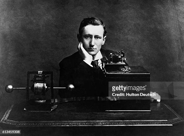 Gugliemo Marconi with the his electrical wireless apparatus.