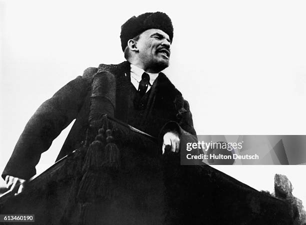 Vladimir Lenin makes a speech in Red Square on the first anniversary of the Bolshevik Revolution.