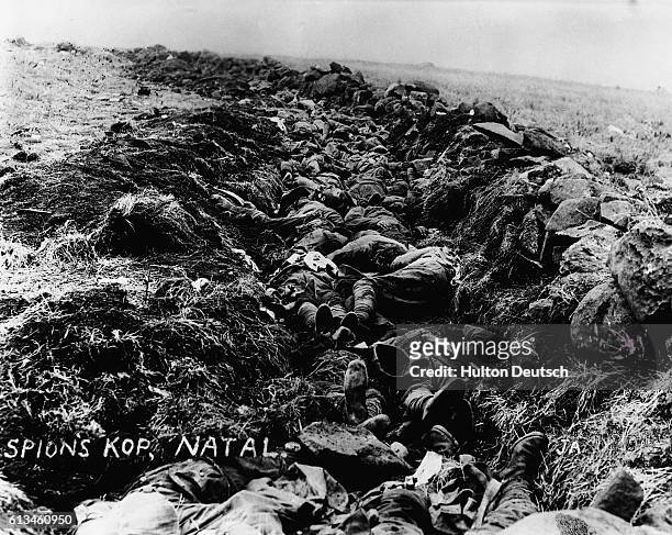 British trench at the scene of the battle of Spioen Kop. The trench is full of corpses. | Location: Spion Kop, Natal, South Africa.