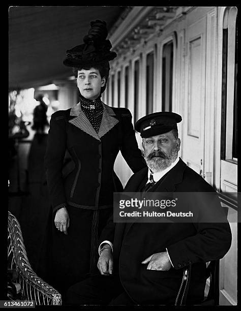 King Edward VII and his wife Queen Alexandra aboard the Royal yacht at Cowes on the Isle of Wight in 1909, a year before his death.