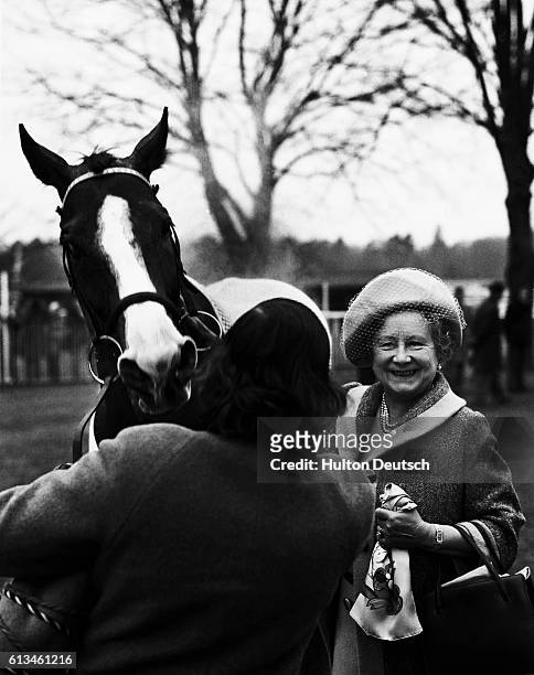 Queen Elizabeth the Queen Mother with her racehorse Sunny Boy, who has just won the Fernbank Hurdle race at Ascot. The Queen Mother's horses have now...