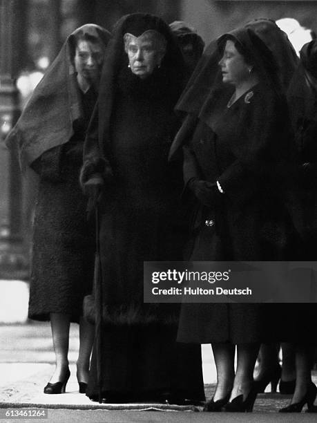 Queen Elizabeth, Queen Elizabeth the Queen Mother, widow of King George VI, and Queen Mary at London King's Cross railway station for the arrival of...